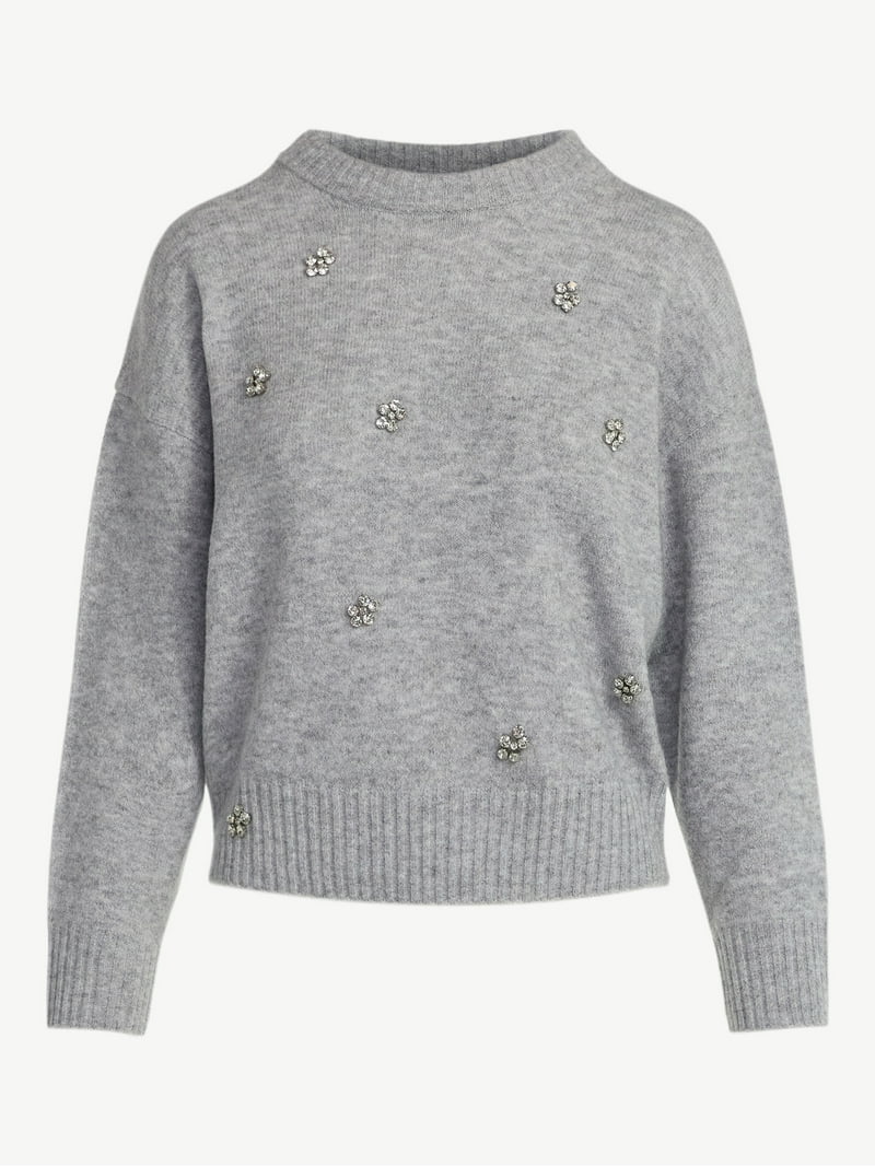 Free Assembly Women's Embellished Mock Neck Sweater with Long