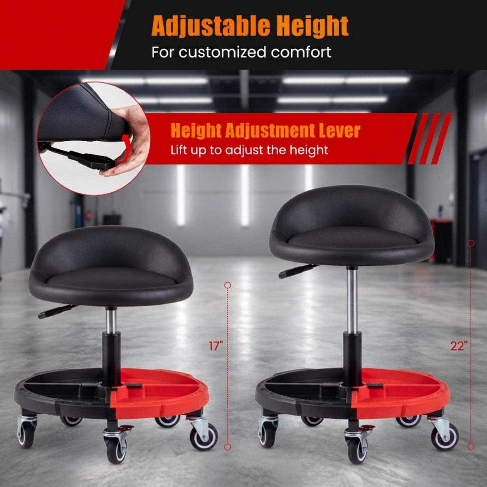 Biotree Rolling Mechanic Stool with Tool Tray for Garage Shop 26.5" x 21" x 12.5" Adjustable Height Shop Seat for Garage, Red