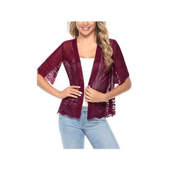 Youweixiong Women Casual Lace Sheer Shrug Crochet Cardigans Half Sleeve Open Front Cover Up Stripe Jacket Sweater