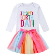 Baby Kid Girls Birthday Outfits Long Sleve T-shirt+Rainbow Tutu Skirt Set