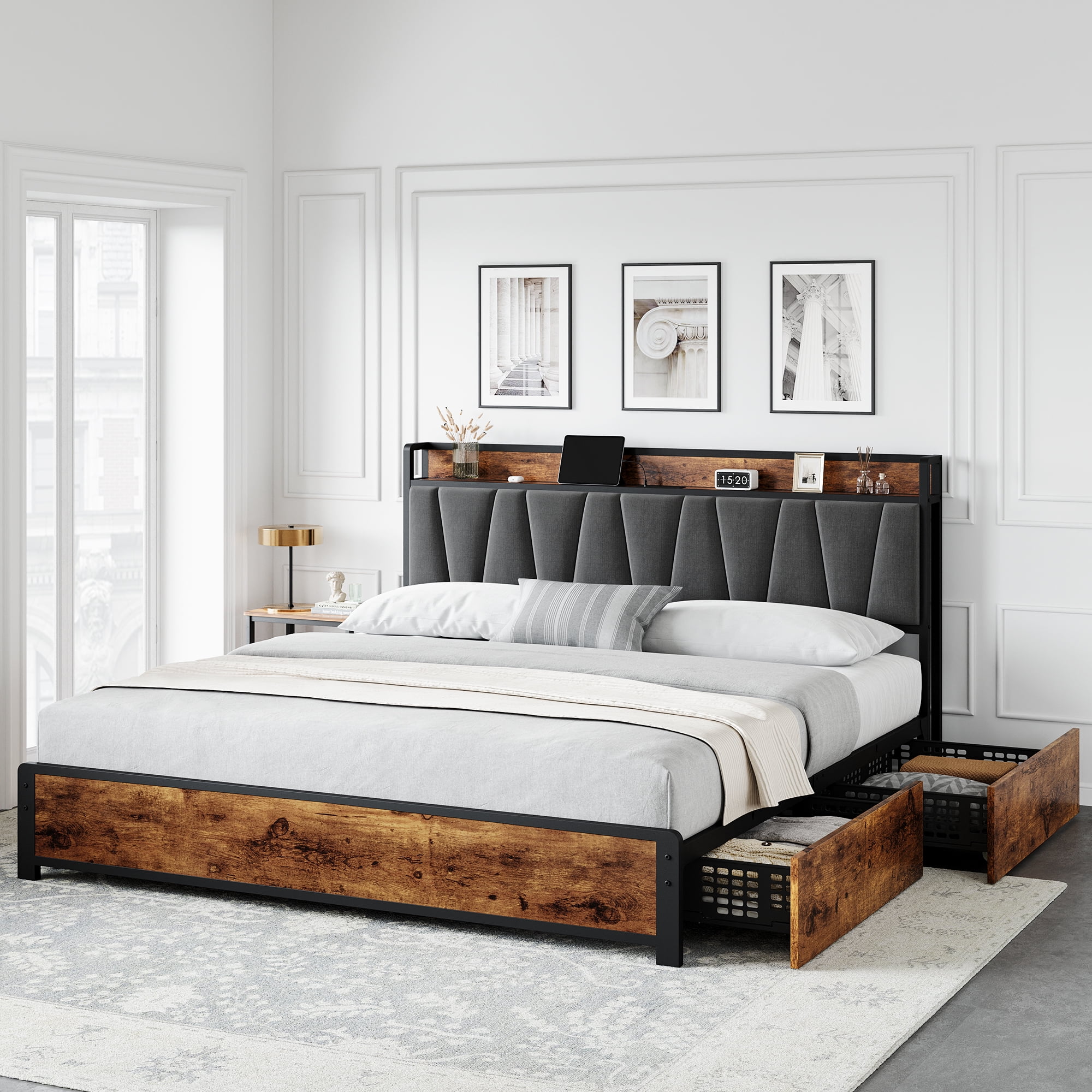 Platform Bed Frame with Storage and Charging Station​ - Vintage Brown Upholstered Bed with 4 Drawers. Quiet Heavy-Duty Metal Frame. king size