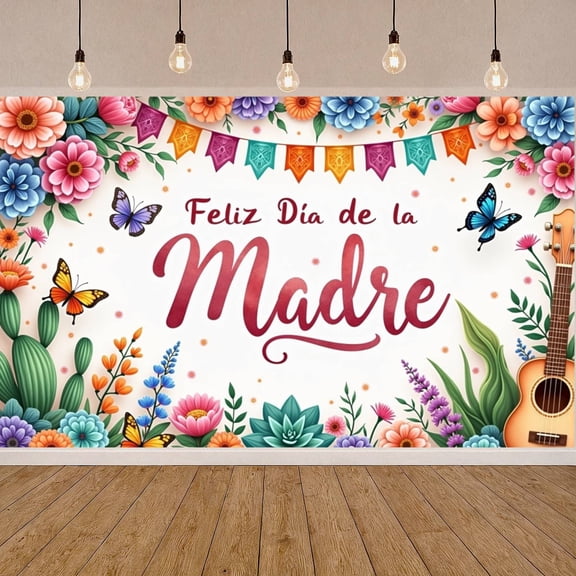 Vibrant Color Palette Feliz Dia de la Madre Banner Floral Pattern Mother's Day Background Butterfly Decor Mexican Fiesta Mom Celebration Backdrop for Mother's Day Party Family Gathering Home