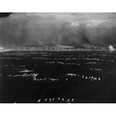 Uss Tennessee Battleship - LAMINATED POSTER LVTs heading for Iwo Jima at about 09:00 on 1945-02-19. The battleship USS Tennessee is at left. Pho Poster Print 24 x 36