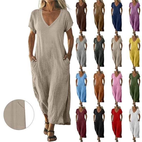 Women's Linen Cotton Blend Dress with Three Quarter Sleeves Pleated Solid