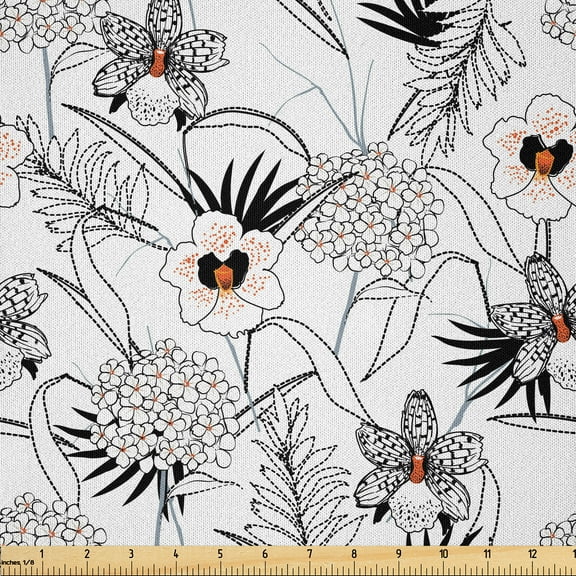 Ambesonne Exotic Fabric by the Yard Microfiber, Tropic Foliage Wildflowers, 3 Yards, Black Dark Orange and White