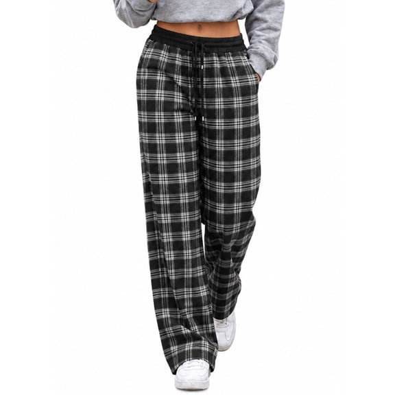SHEWIN Womens Sweatpants Classic Plaid Straight Leg Trousers High Waist Baggy Workout Pants with Pockets