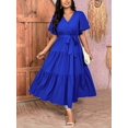 thumbnail image 4 of Royal Blue Plus Size V-Neck Wrap Maxi Dress With Tiered Ruffle Hem And Self-Tie Waist Belt, Short Sleeve, 4 of 6