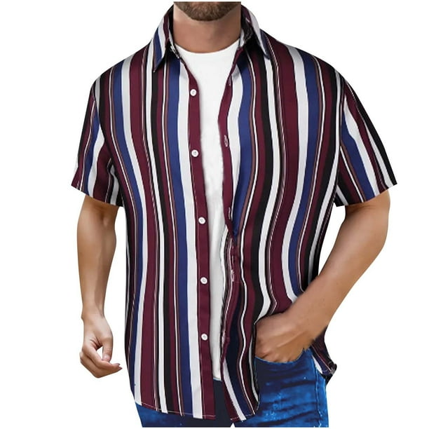pstuiky camisetas para hombre, Camisa de manga corta versátil con botones y cuello abatible a rayas para hombre ropa de hombre xxxl