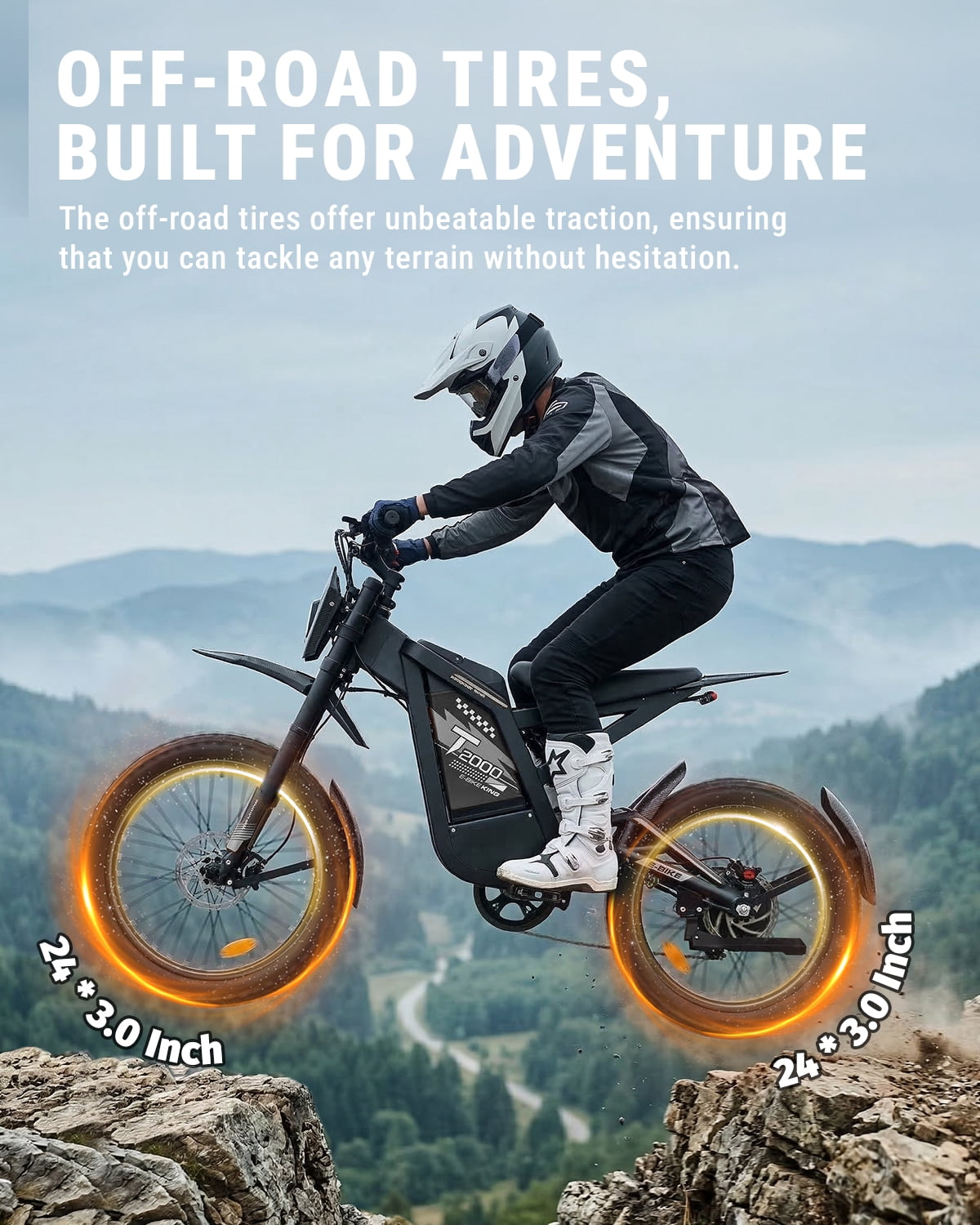 VTOKW T2000 Electric Dirt Bike for Adults,3000W Peak Electric Bike,48V 30Ah Battery,37MPH/85+Miles Electric Motorcycles,24" Fat Tire E Dirtbike,Dual Hydraulic Brakes Mountain Bike,E Dirt Bike UL2849