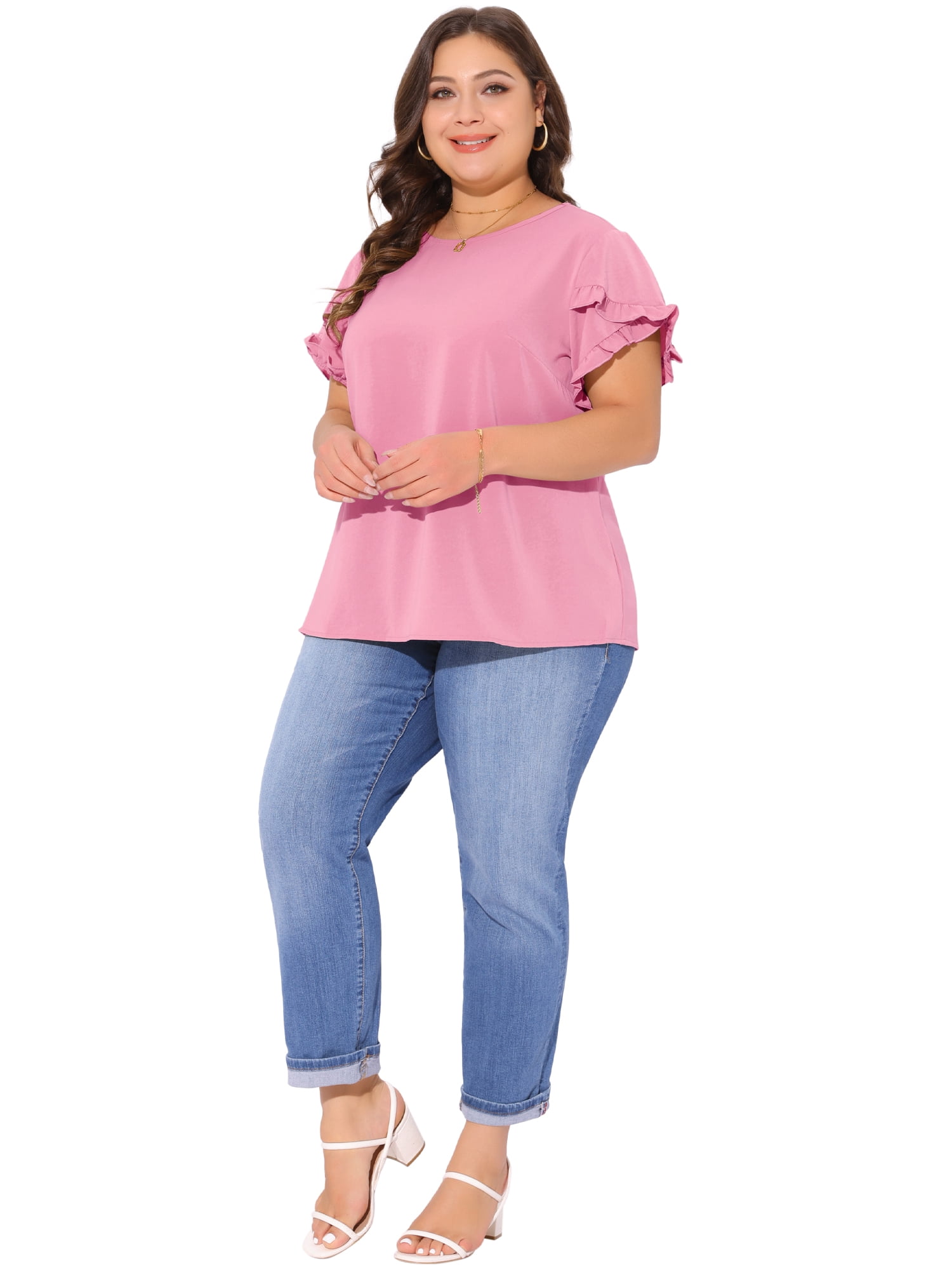DARING DIVA Women's Plus Crew Neck Ruffle Blouse 4X Pink