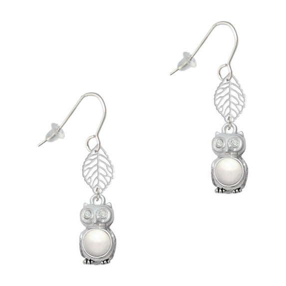 Delight Jewelry Silvertone 3-D Imitation Pearl & Clear Crystal Owl Silvertone Leaf French Earrings