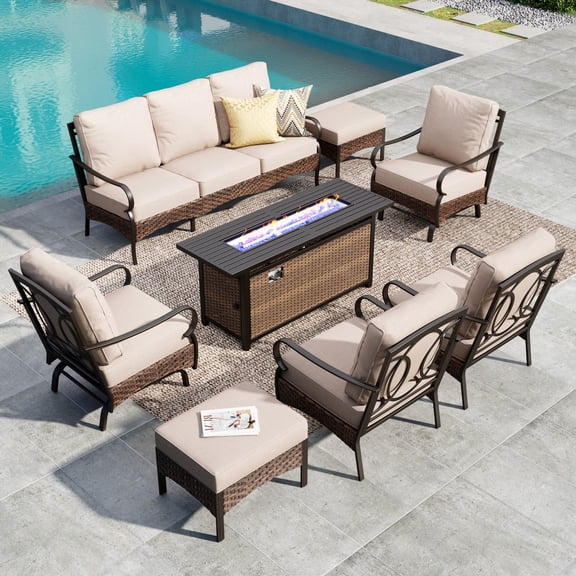 9-Seat Outdoor Patio furniture Set with 56” Fire Pit Table, Patio Fire Pit Set with Rocking Chairs & Ottomans, 8-Piece Outdoor Conversation Set, Beige