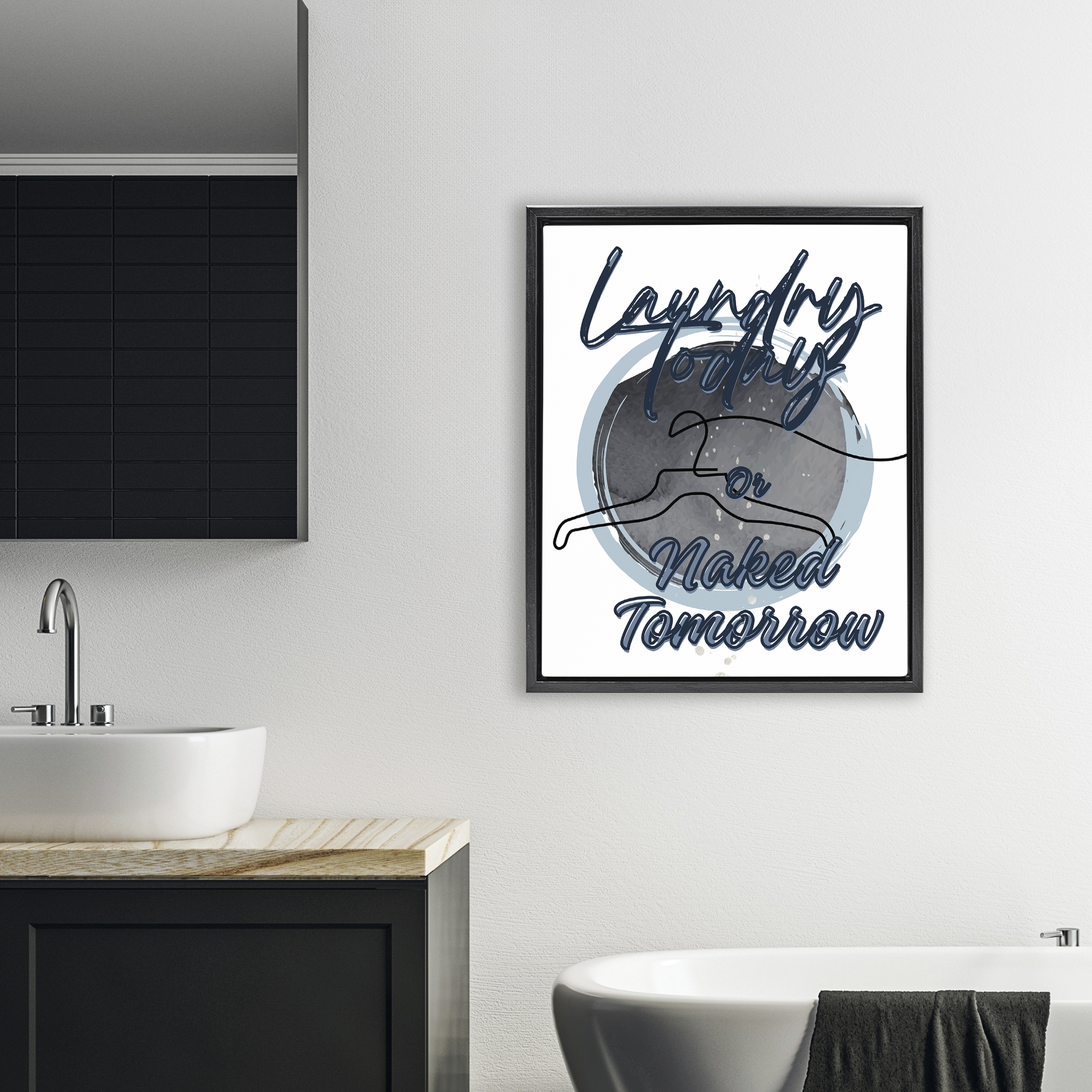 Laundry Phrase with Hanger Contour Black Framed Floater Canvas Wall Art, design by Jesse Keith