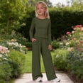 thumbnail image 2 of Girls 2 Piece Casual Sets Long Sleeve Crew Neck Top Straight Pants Outfits Kids Stylish Clothing Spring Fall Outfits Lounge Sets Blackish Green, 2 of 9