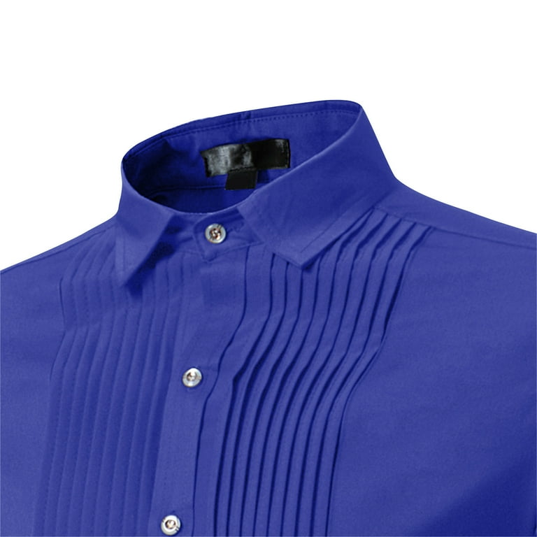 Ryrjj Men's Tuxedo Shirt Fashion Formal Dress Shirt Pleated Long Sleeve Collar Button Down Shirts for Prom Party Wedding(Blue,XXL)