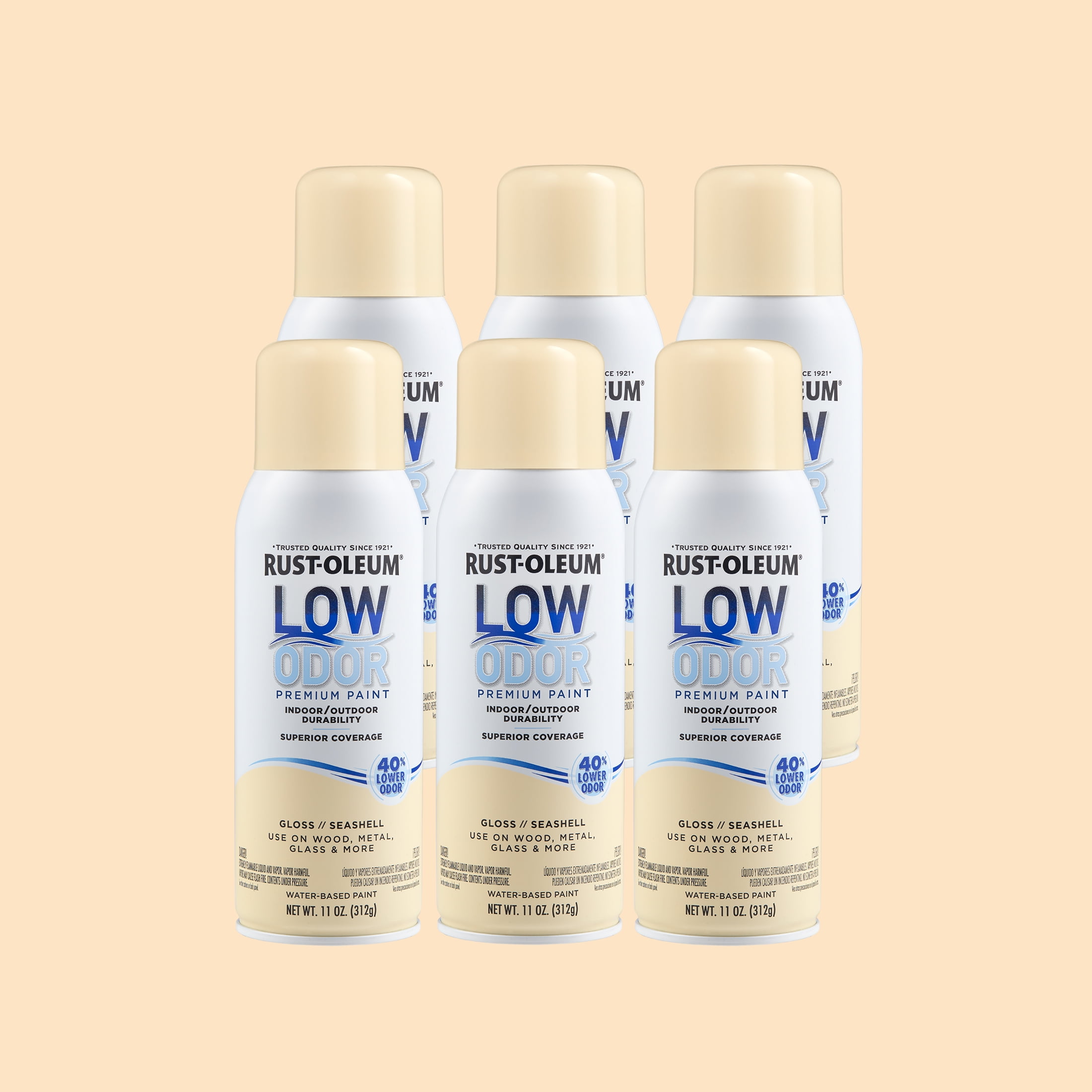 6 Pack, Seashell, Rust-Oleum Low Odor Premium Gloss Spray Paint-388275, 11 oz
