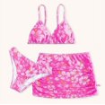 thumbnail image 2 of Akiihool Girls' 3 Piece Set Floral Print Bikini Swimsuit with Drawstring Beach Skirt Cute Ruched Bathing Suit, Hot Pink Size 140, 2 of 6