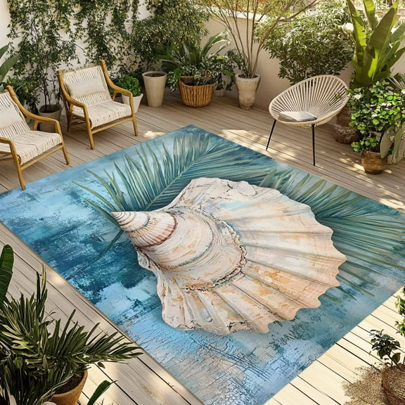 Fsddascl Coastal Outdoor Rug for Patio/Deck/Porch, Non-Slip Large Area Rug 4 x 6 Ft, Vintage Botanical Beach Nautical Shell Indoor Outdoor Rugs Washable Area Rugs, Reversible Camping Rug Carpet
