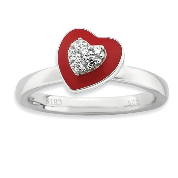 Sterling Silver Stackable Polished Enameled Cubic Zirconia Heart Ring - .17 cwt - Size 7