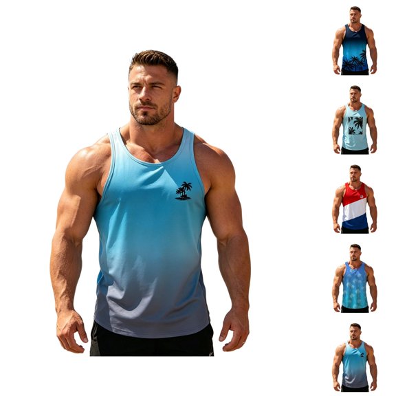 Beach Tank Tops for Men Coconut Tree Graphic Hawaii Tropical Vacation Casual Crewneck Sleeveless Shirt