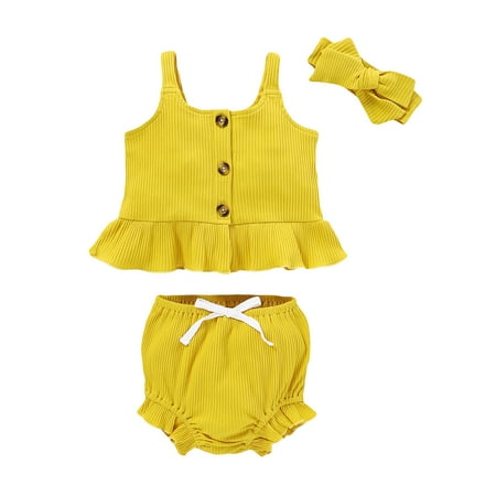 

Kucnuzki 3 Months Baby Girl Summer Outfits Shorts Sets 6 Months Sling Solid Color Pit Stripe Sweet Peplum Tops Elastic Lace Trim Brief Shorts Headband 3PCS Set Yellow