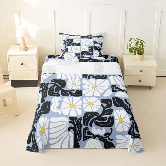 Homewish Vintage Daisy Floral Twin Sheets,Boho Geometric Art Bedding,White Blue,3pcs,1 Fitted Sheet and 1 Pillowcase