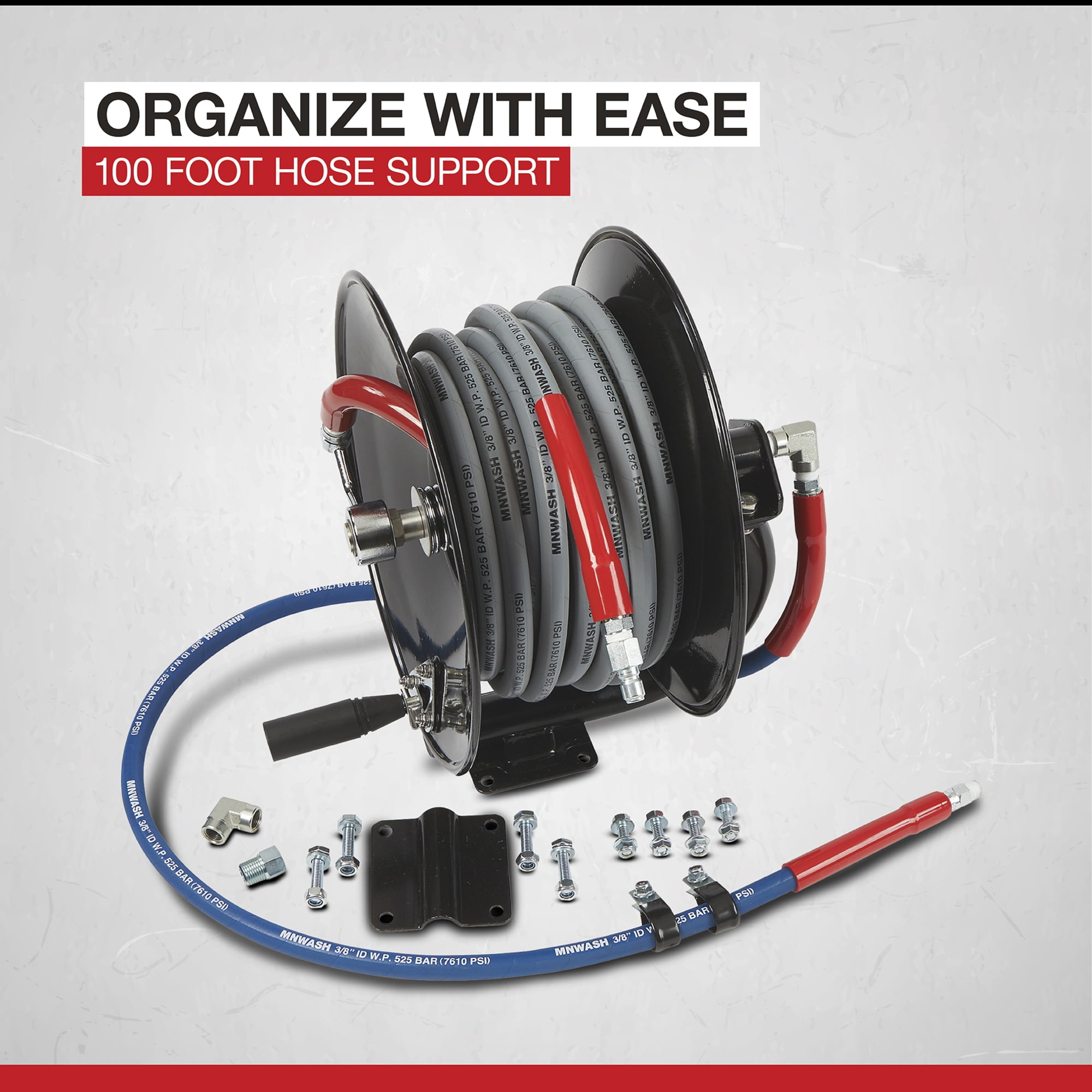 NorthStar Pressure Washer Hose Reel with 50ft. Steel-Braided Hose, 3/8in. x 100ft. Capacity, 5000 PSI