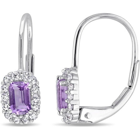 Tangelo 7/8 Carat T.G.W. Amethyst and White Sapphire 10kt White Gold Octagon Halo Leverback Earrings