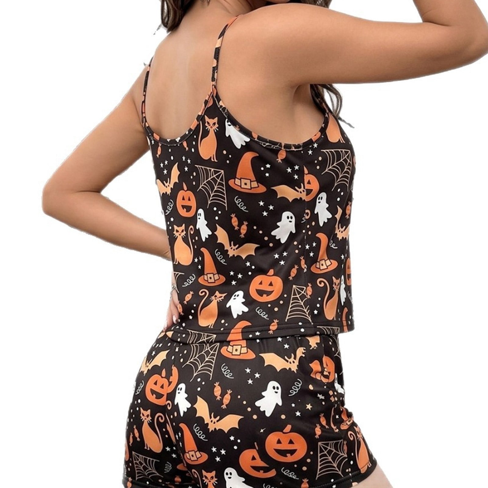MEZZALL Women's Cute Halloween Sleepwear Set Ghost & Bat Print Cami Pajamas Tops with Waist Tie & Matching Shorts Vacation 2 Piece Pjs