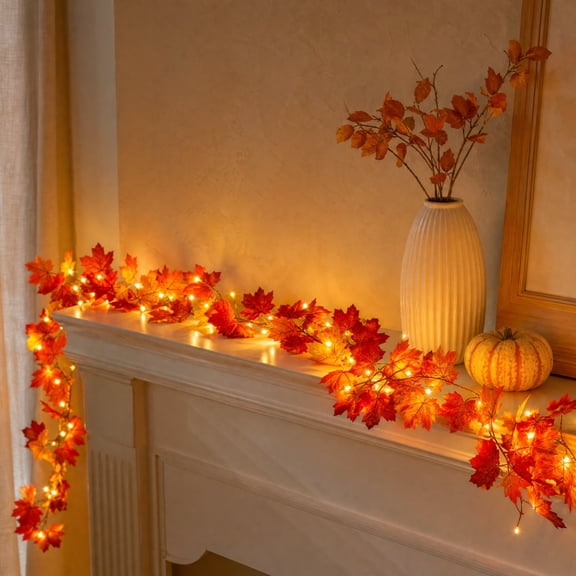 Fall Decorations for Home 6.56FT Plug in Fall Garland with Lights 20 Orange Bulbs Maple Leaves Light, Connectable Fall Lights for Indoor Outdoor Halloween Harvest Thanksgivings Holiday Decorations