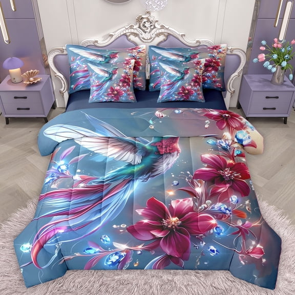 Homewish Floral Hummingbird Twin Bedding Sets 7-Piece for Boys Girls,Bling Glitter Crystal Bedding Comforter Set Microfiber,Flower Animal Breathable Sheet Sets,Super Cozy Room Decor,Reversible