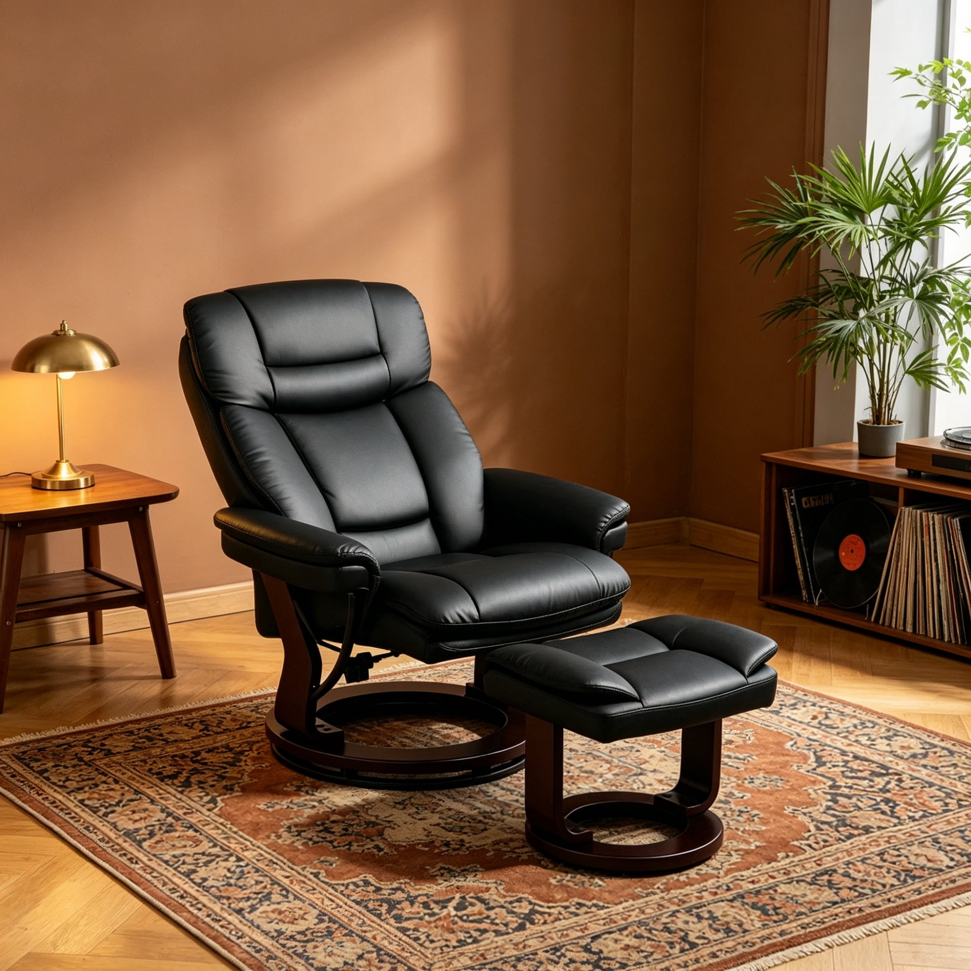 PU Leather Swivel Recliner with Footrest, Black