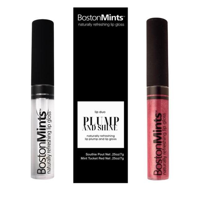 Boston Mints Plump & Shine Lip Duo Set - Brillo de labios rojo Mint Tucket (.25oz) y Lip Plumper Southie Pout (.25oz) - Brillo de labios vegano naturalmente refrescante