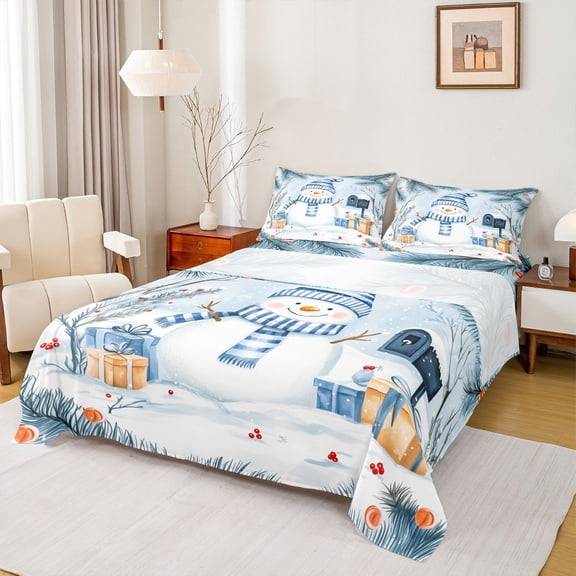 Manfei Xmas Snowman Twin Sheet Set,New Year Holiday Print,3-Piece