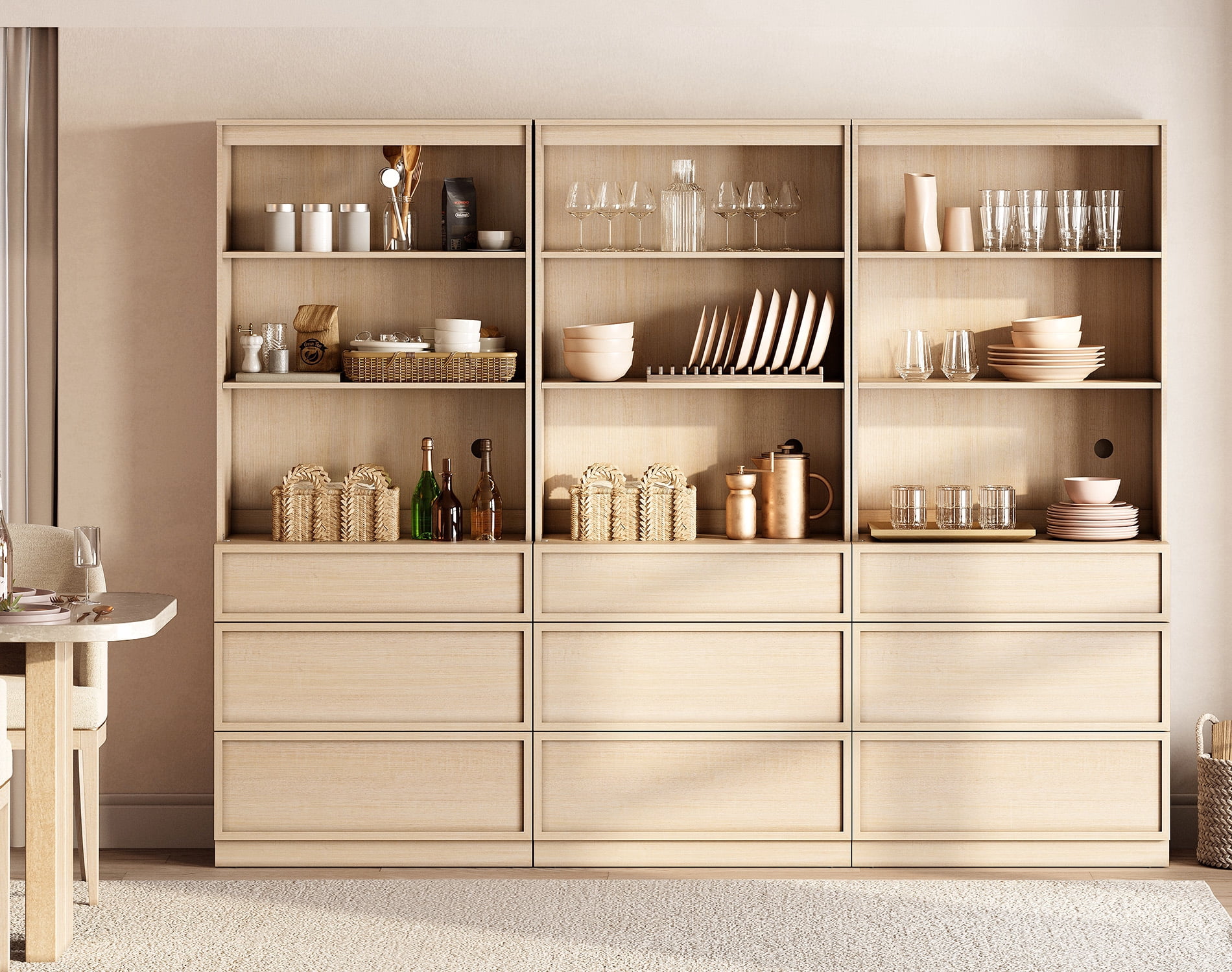 Modern 72" Tall 94.5" Wide Wood Sideboard Buffet with 9 Drawers & Open Shelves for Dining Kitchen,Beige