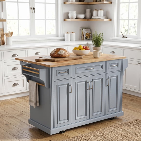 Homy Casa Rolling Kitchen Island Cart with Storage, 3 Drawers, 4 Doors & Side Rack, Gray/Natural for Kitchen and Dining Room