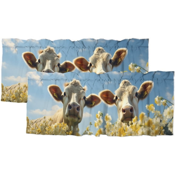 Western Cow Rod Pocket Thermal Insulated Curtain Valance Retro Wild Flowers Rural Natural Scenery Window Valance for Bedroom Bathroom Living Room Dining Room 54 by 18 in, 2 Panel