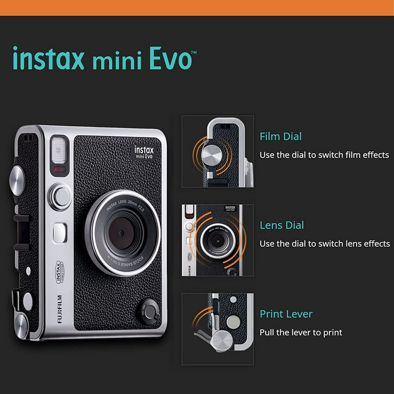 Fujifilm Instax Mini Evo Hybrid Black Instant Camera | Instax Mini Twin Pack Instant Film | 32GB microSD Card with Adapter | Black Camera Case