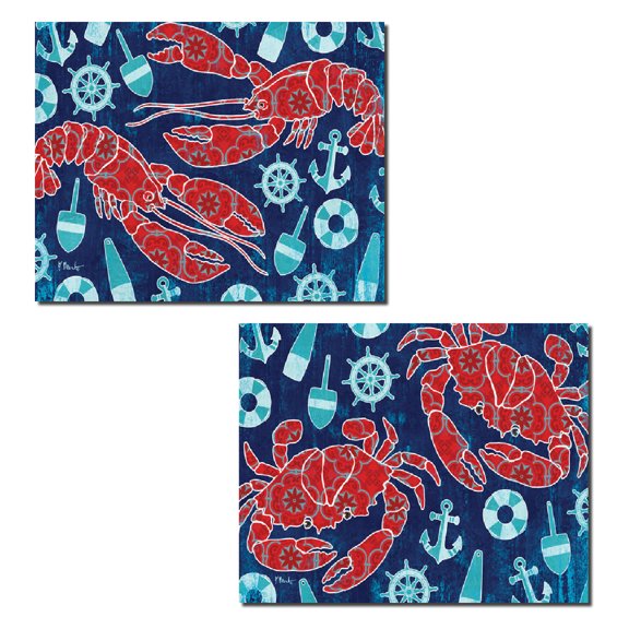 Nautical Red and Blue Lobster and Crab Adult Coastal Decor; 2 - 10" x 8" Unframed Posters
