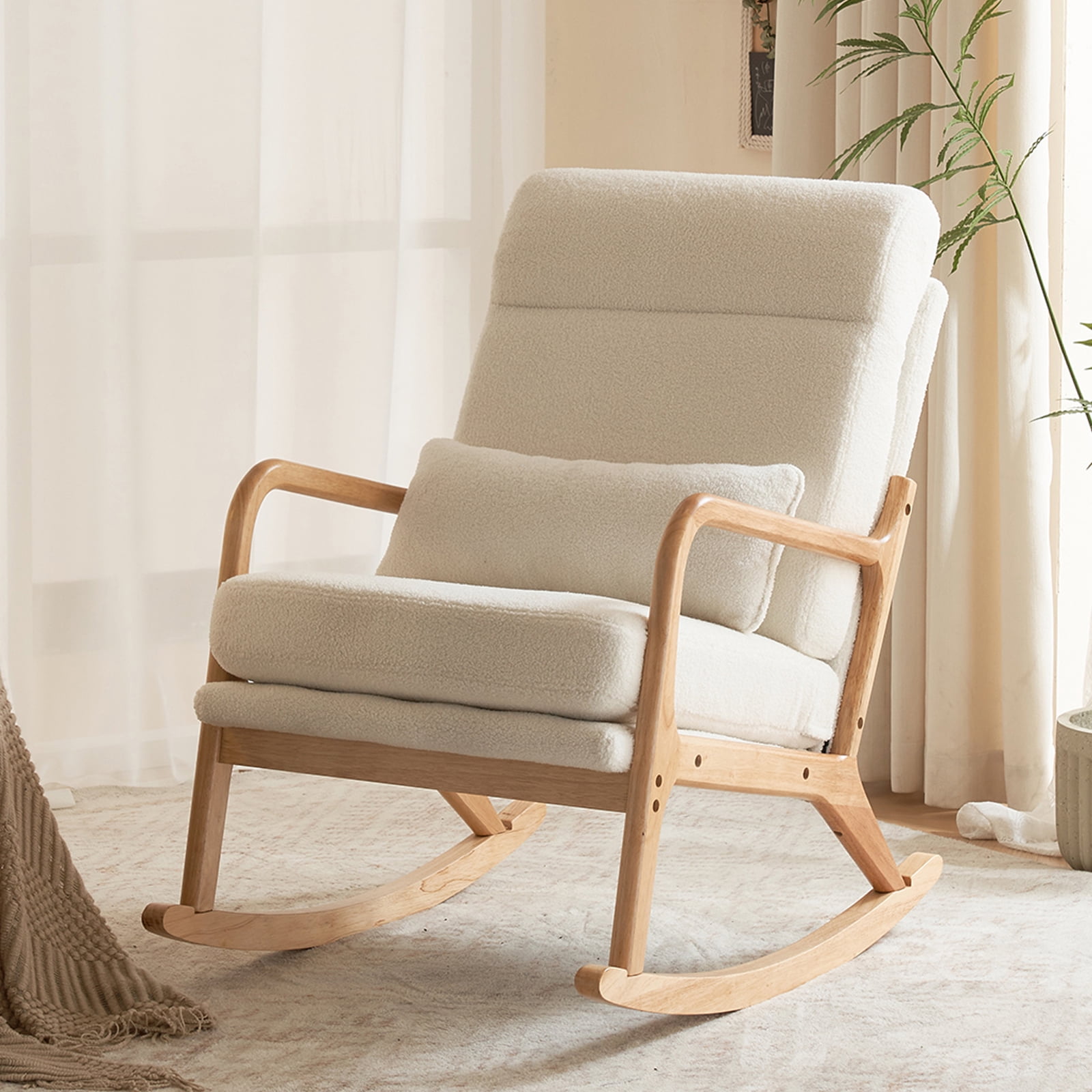 UWR-Nite Rocking Chair Nursery, 25.2" High Backrest Mid-Century Rocking Chair with Wooden Armrest Upholstered Glider Rocker with Free Lumbar Pillow for Living Room