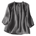 thumbnail image 2 of HOMBOM Womens Cotton Linen Tops 3/4 Sleeve Ruffled Gray Boho V-Neck Embroidered Summer Shirt for Ladies Casual Loose Blouse, 2 of 9