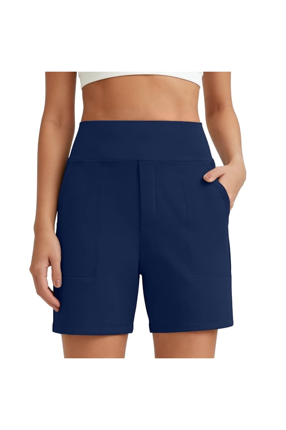 Womens Shorts High Waist Wide Waistband Stretch Athletic Casual Bermuda Shorts with Pockets