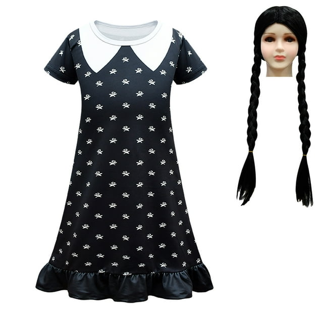 HAWEE Robe de Costume de Wednesday Addams avec Sac pour Enfants, Robe d'Uniforme Noire d'Halloween pour Filles Robe de Costume Addams pour Fête Cosplay