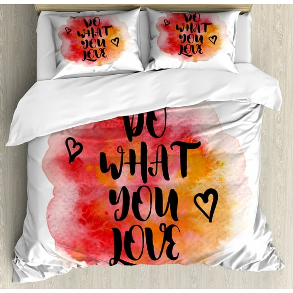 Love What You Do Duvet Cover Set King Size, Aquarelle Color Drop Background in Warm Toned Hearts, Decorative 3 Piece Bedding Set with 2 Pillow Shams, Vermilion Pale Orange and Black, by Ambesonne