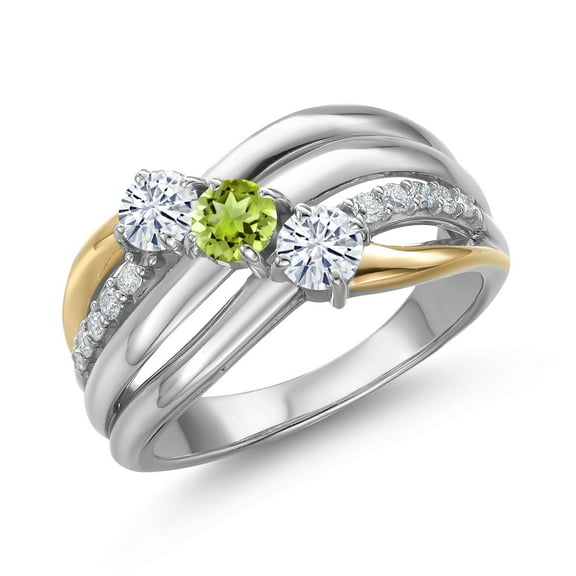 Gem Stone King 924 Silver and 10K Yellow Gold Moissanite and Green Peridot and Lab Grown Diamond Engagement Ring for Women | 0.91 Cttw | Round 4MM | Birthstone | Size 6