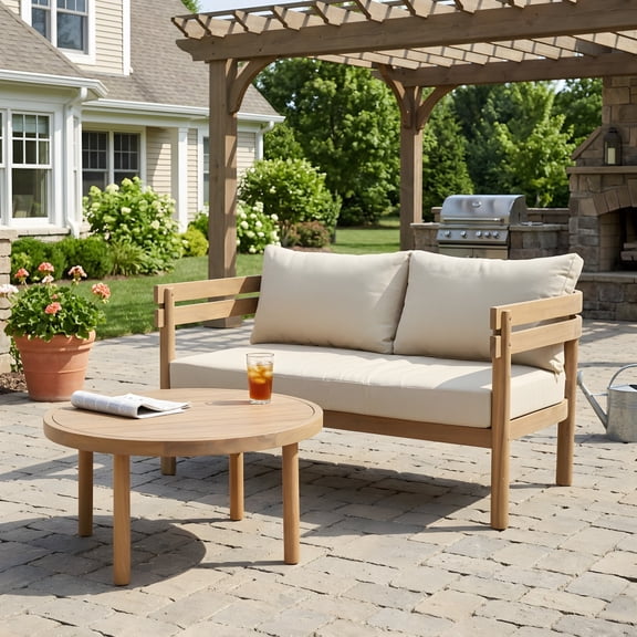 2-Piece Outdoor Acacia Wood Patio Loveseat Conversation Set, Wooden Sofa with Beige Water-Repellent Cushions & Round Coffee Table, Weather-Resistant Patio Furniture for Backyard Porch Gard