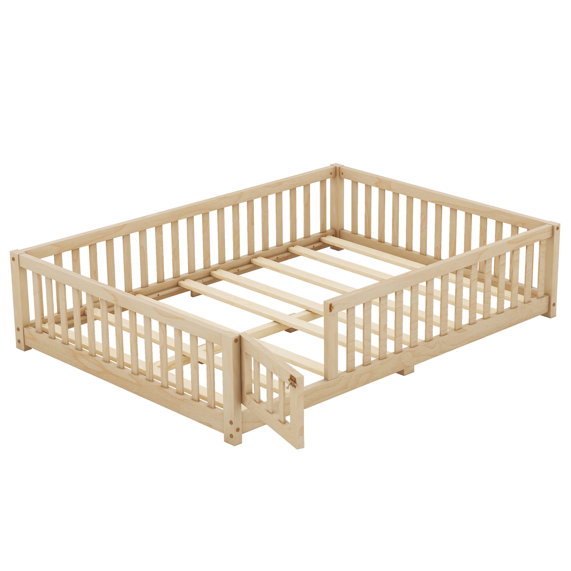 Aukfa Full Size Floor Bed for Kids Children, Wood Montessori Bed Frame with Safety Guardrails and Door, Natural