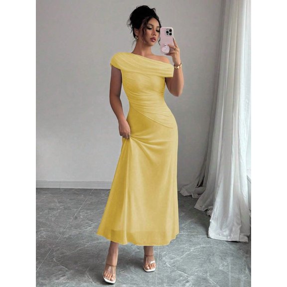 Yellow One-Shoulder Ruched Asymmetrical Maxi Dress For Women