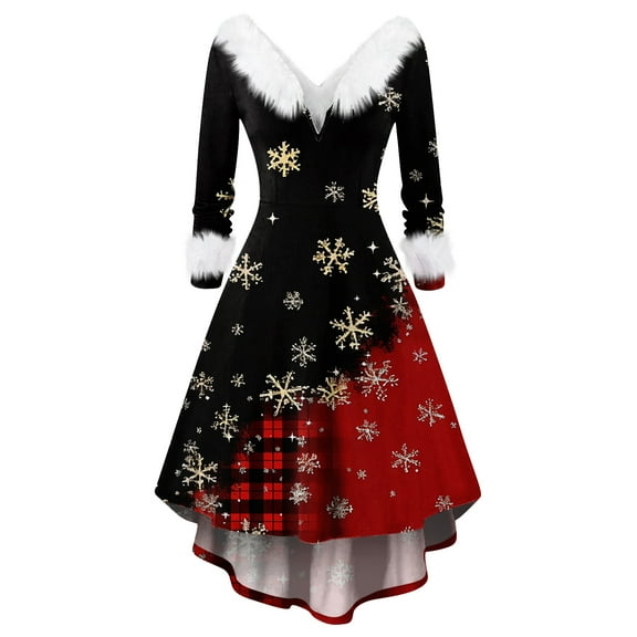 Women's Fashionable Casual Fitted Christmas Print Party Long-Sleeved V-Neck Hair Collar Dress for Holiday Parties and Events,Red,2XL