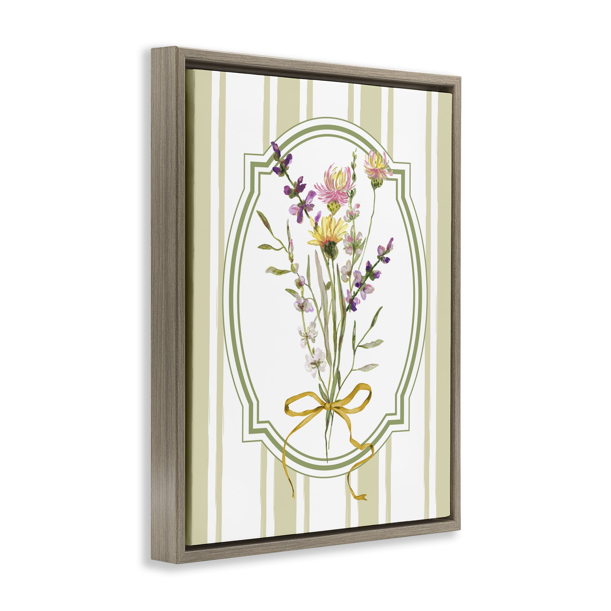 Wildflowers Bouquet Classic Stripes Brown Framed Floater Canvas Wall Art, design by Adonna Ebrahimi